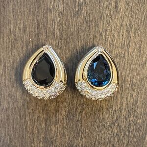 Vintage Swarovski Clip On Earrings Blue Black Crystal Teardrop Gold Tone